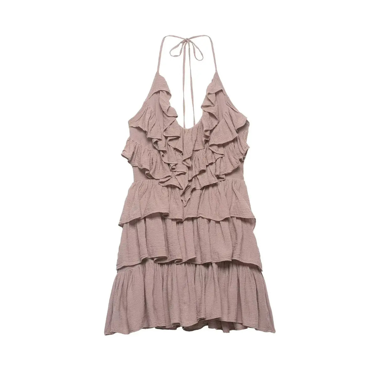 Front view of dusty pink halter-neck ruffled mini dress with tiered layers and deep V-neck