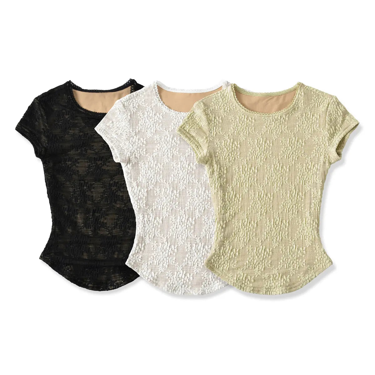 Multi-color view of floral lace mesh sheer top, available in black, white and sage green