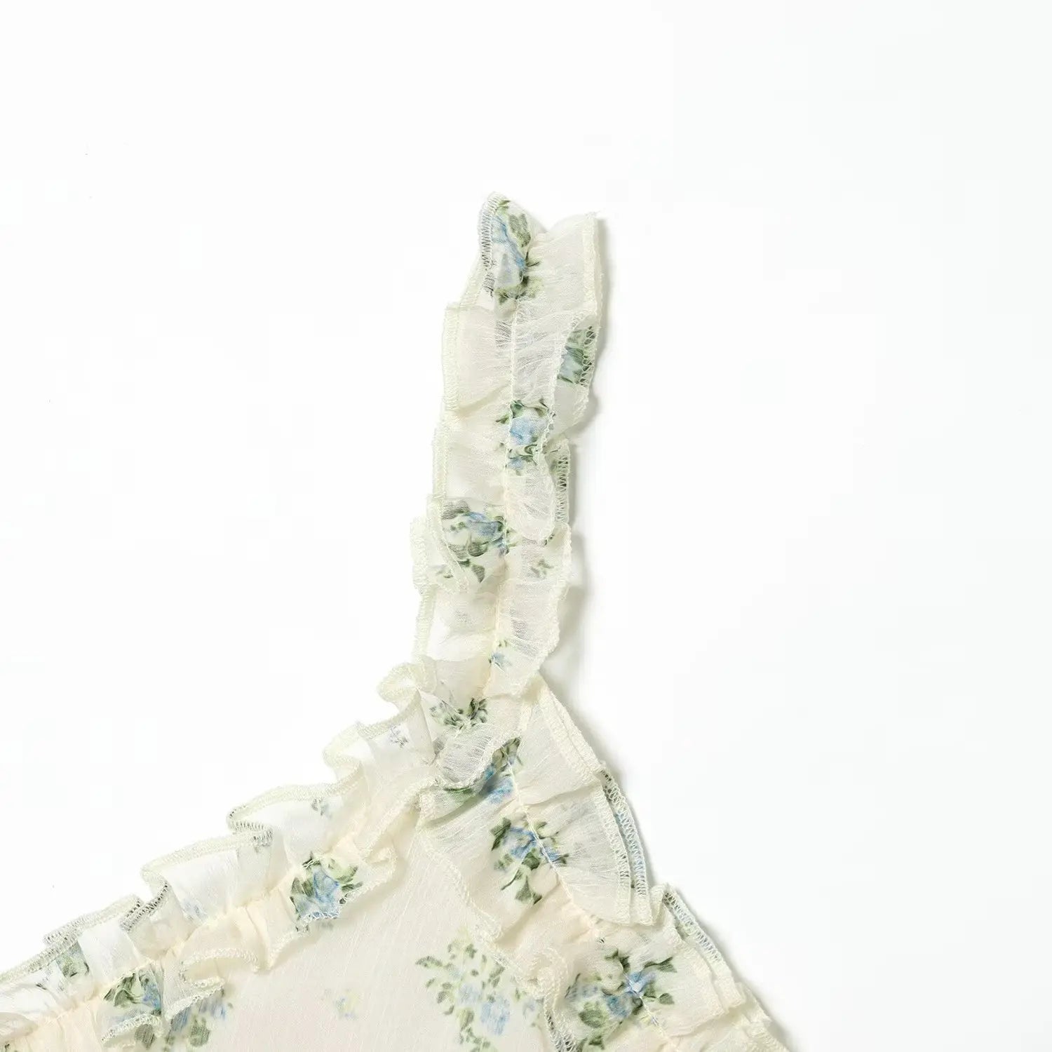 Ruffle spaghetti strap close-up, elastic shirred frill shoulder strap, matching floral crinkle chiffon fabric