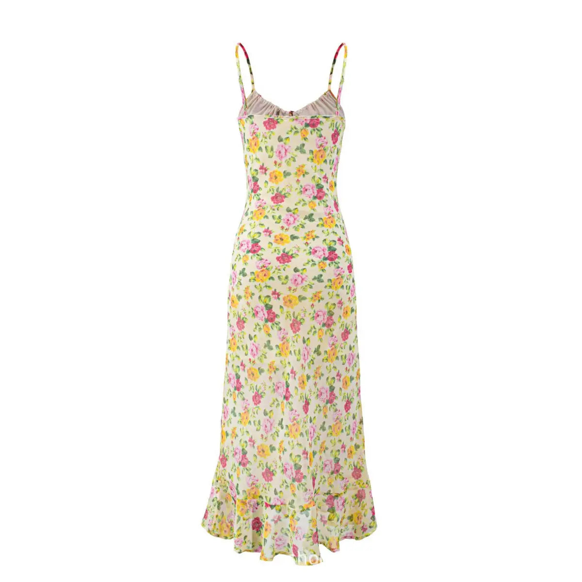 Back view of floral print spaghetti strap maxi dress with ruffled hem