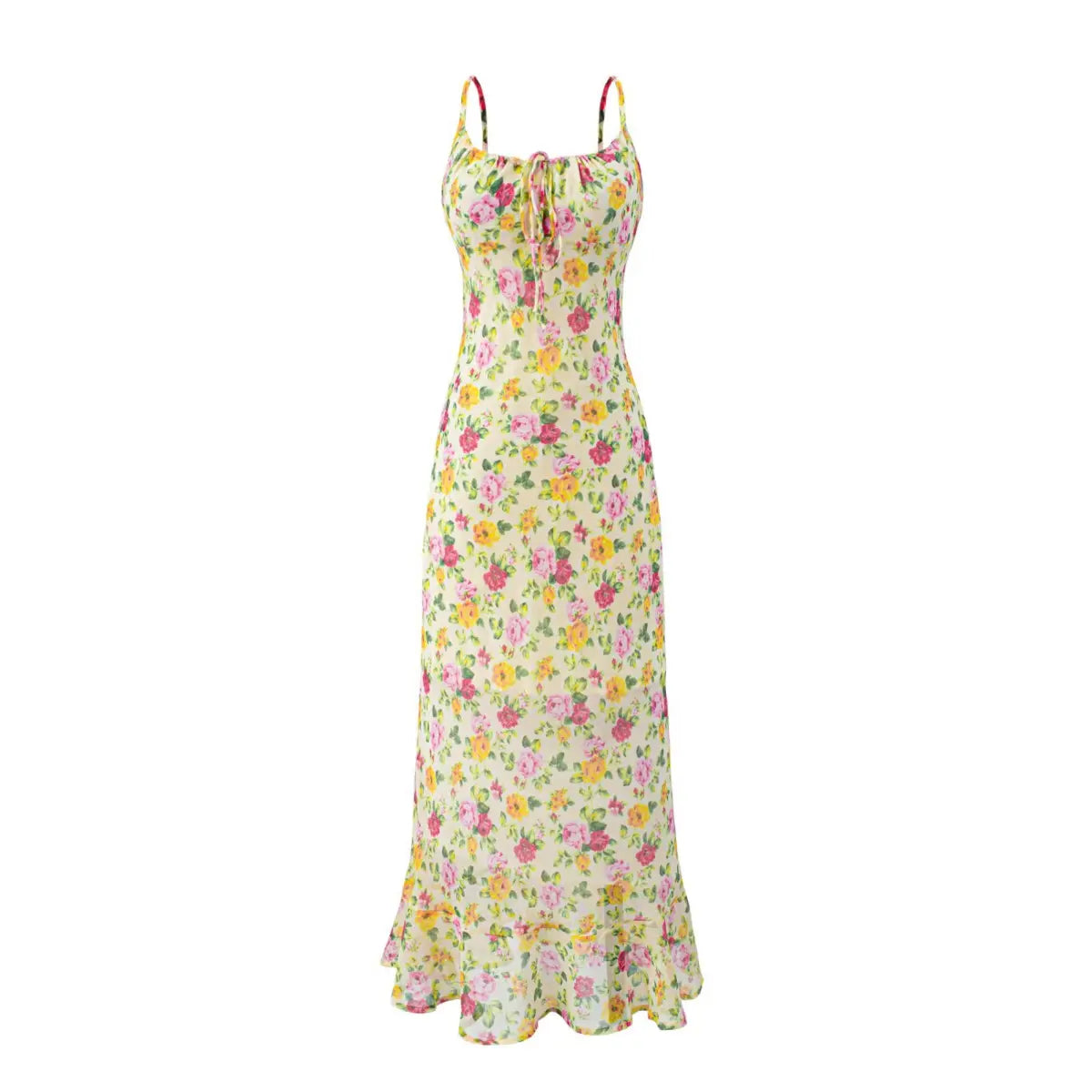 Front view of floral print spaghetti strap maxi dress with ruched bust