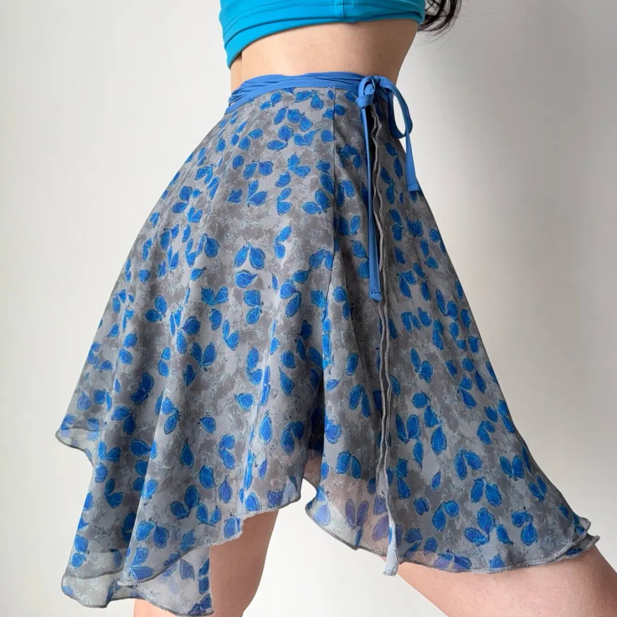 Back-side view of floral wrap skirt
