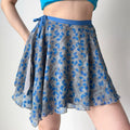 Three-quarter view of floral wrap skirt