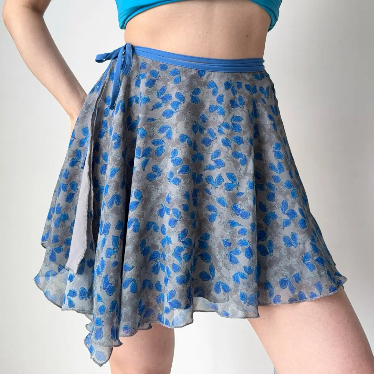 Three-quarter view of floral wrap skirt