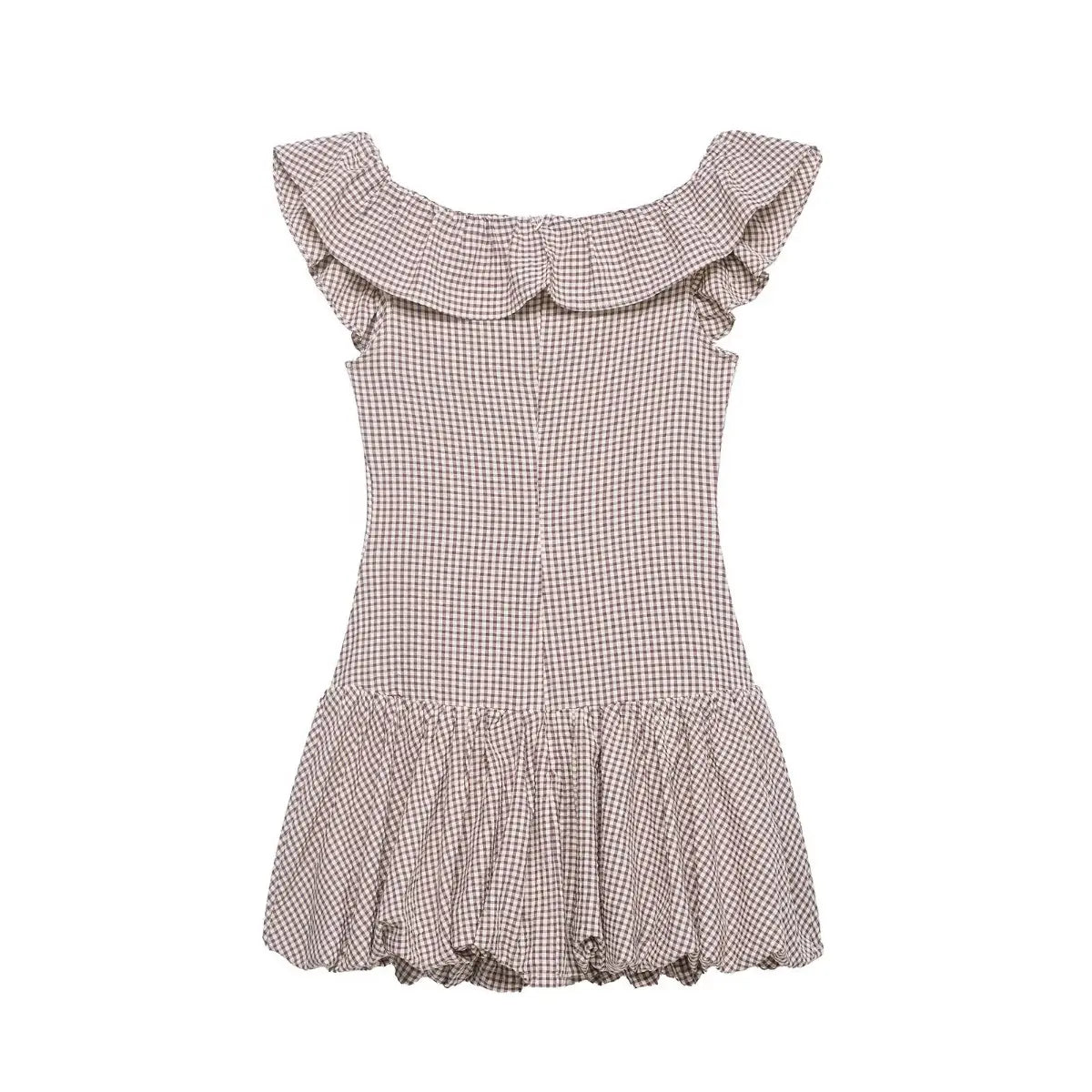 Hanger view of beige gingham dress showing the back zipper closure and ruffled neckline