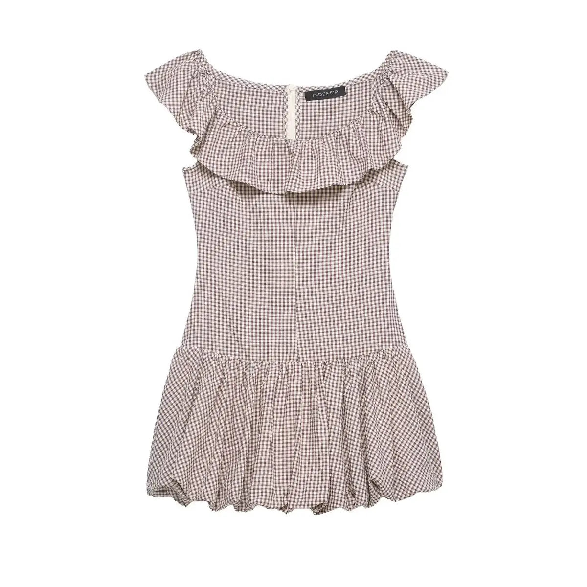 Hanger view of beige gingham dress showing the ruffled neckline, fitted silhouette, and flared bubble hem