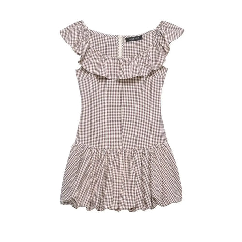 Hanger view of beige gingham dress showing the ruffled neckline, fitted silhouette, and flared bubble hem
