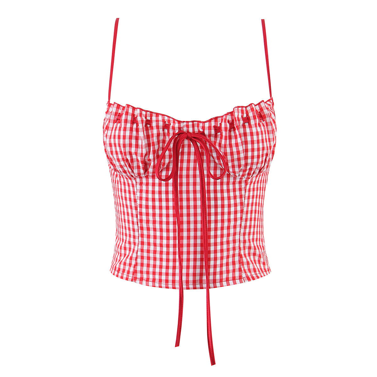 Women red and white gingham pleated tie front camisole top, slim fit sleeveless cropped tank with drawstring detail, vintage picnic style top