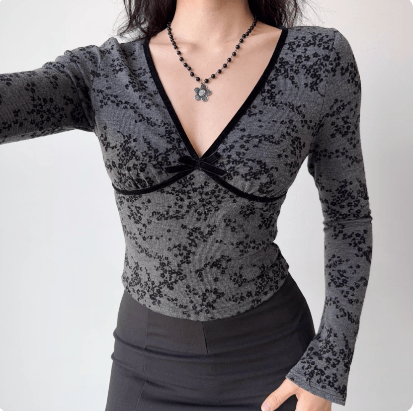 Women gray base black floral print velvet edge deep v neck front bow tie slim fit ribbed long sleeve cropped cami blouse top, elegant vintage y2k casual daily outfit