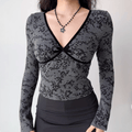 Full front model wear view gray floral ribbed knit velvet piping deep v neck bow decor high waist slim long sleeve crop top, elegant vintage chic casual blouse