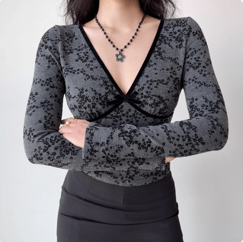Cross arm front model wear gray floral ribbed velvet edge deep v neck bow detail slim long sleeve crop cami top, elegant vintage y2k casual outfit