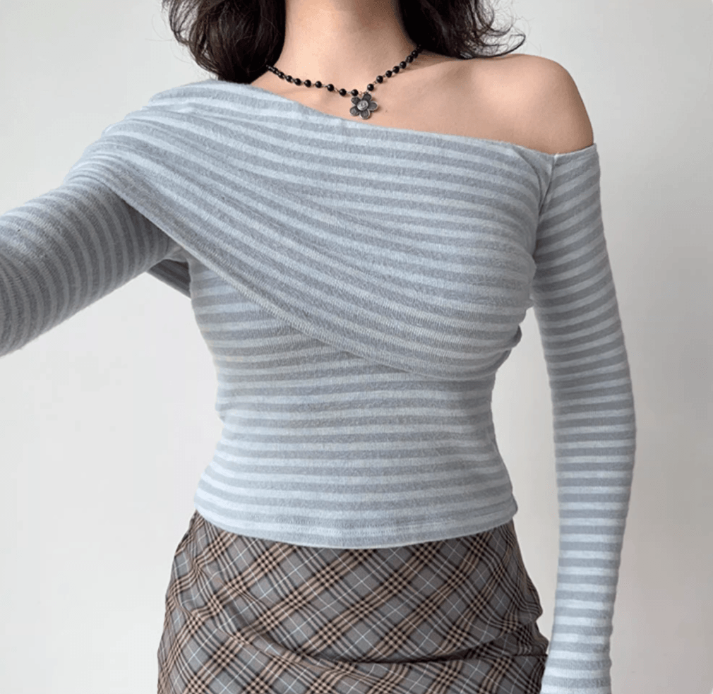 Women gray light gray striped off shoulder crossover draped slim fit long sleeve ribbed knit cropped cami blouse top, elegant soft chic casual daily outfit
