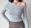 Side hand on waist model wear gray stripe off shoulder crossover draped slim fit long sleeve cropped top, elegant soft chic casual daily outfit
