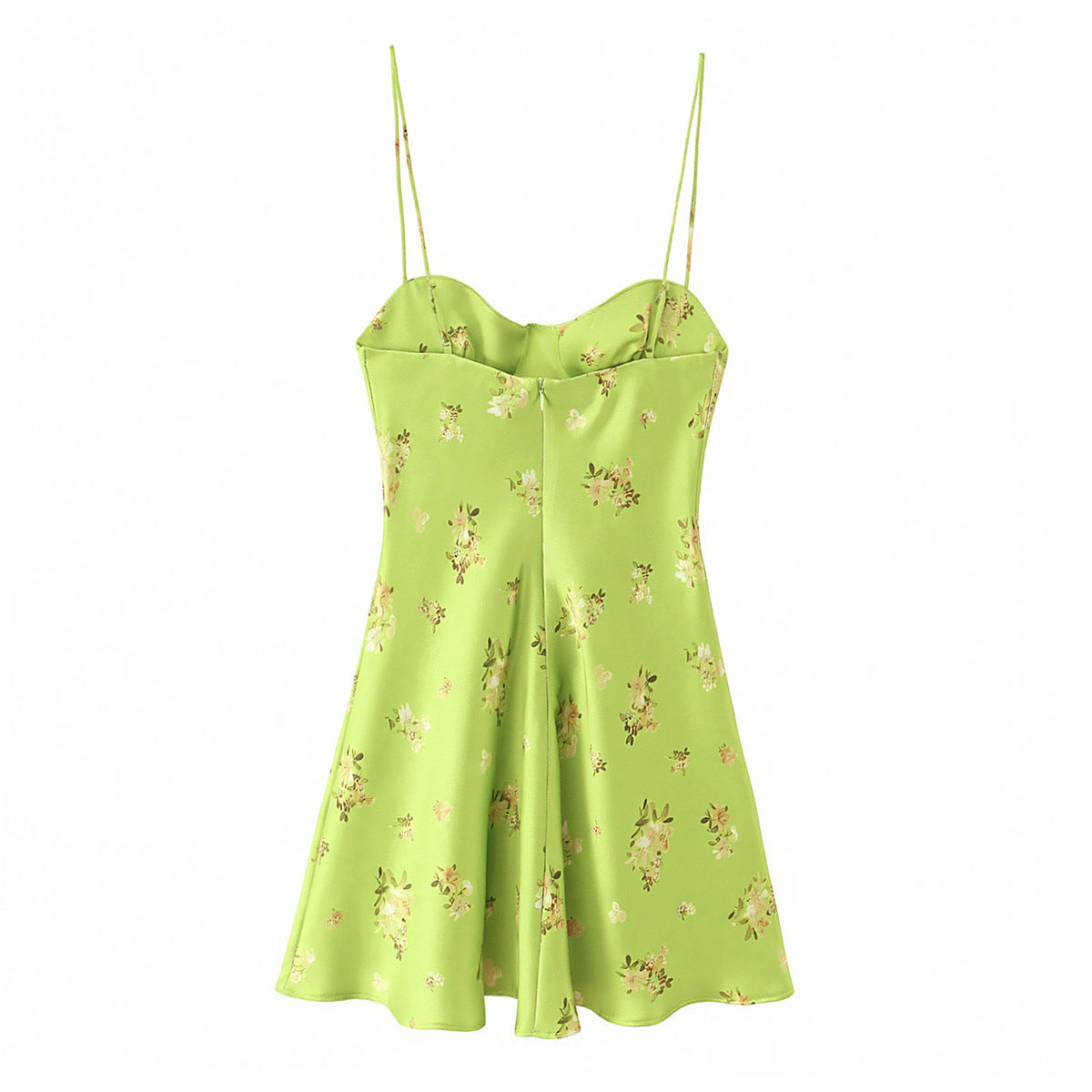 Back flat view fresh green small floral print sweetheart neck thin strap back zip high waist flared hem mini slip dress, elegant sweet casual party dress