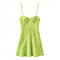 Front flat view fresh green small floral print sweetheart underwire neck thin spaghetti strap high waist slim flared hem mini slip dress, sweet elegant summer vacation dress