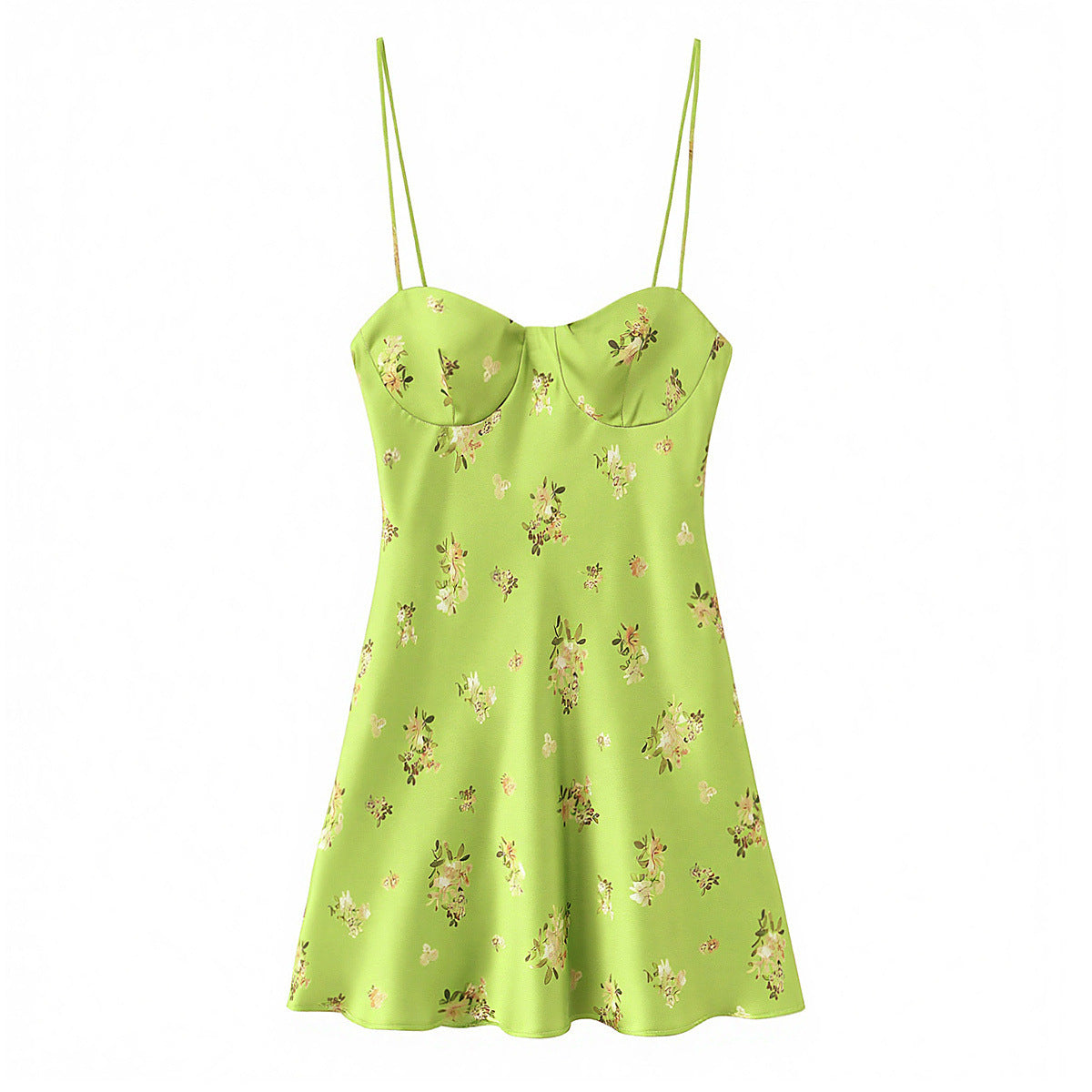 Front flat view fresh green small floral print sweetheart underwire neck thin spaghetti strap high waist slim flared hem mini slip dress, sweet elegant summer vacation dress