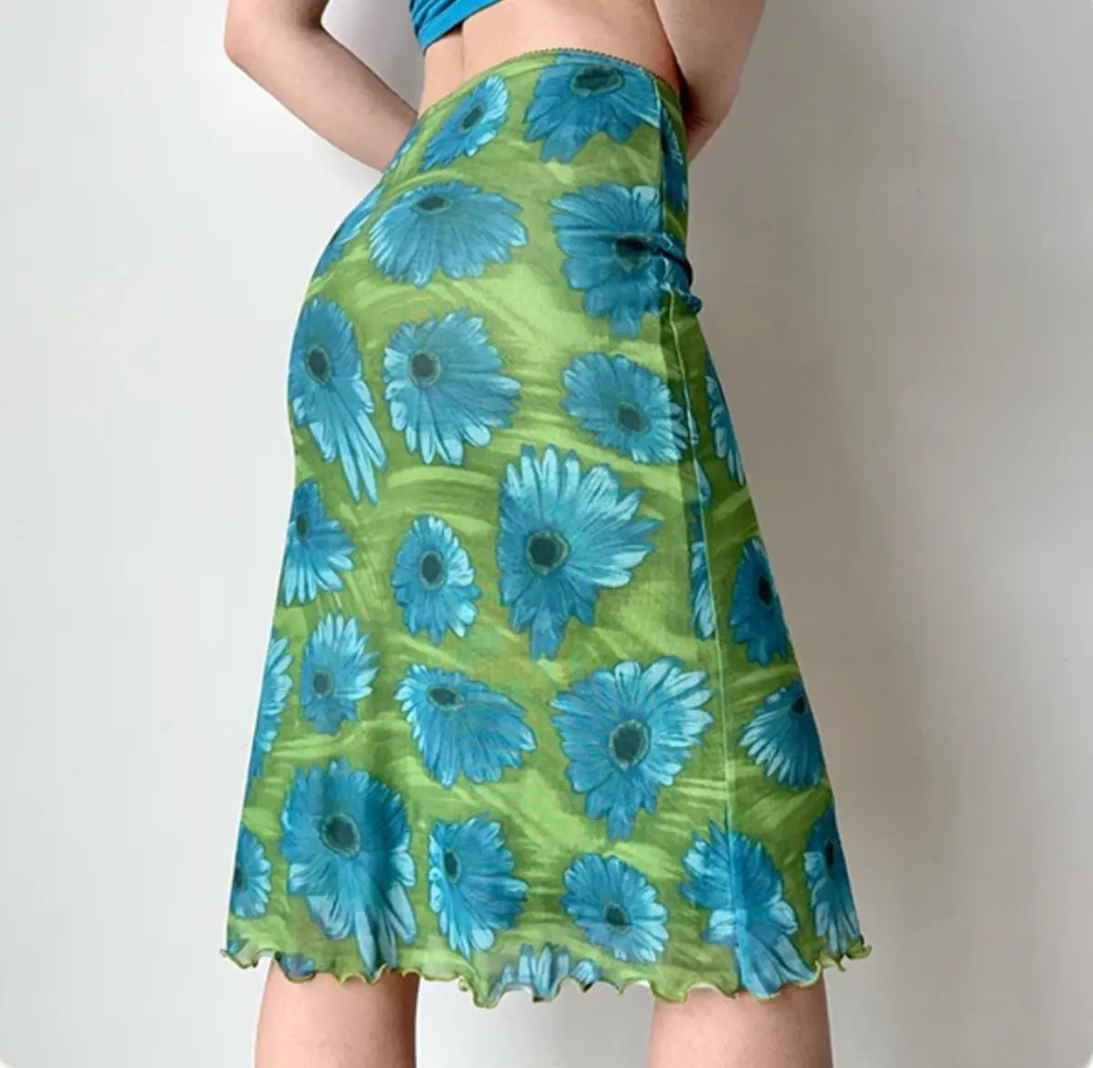 Back view of green blue floral midi skirt