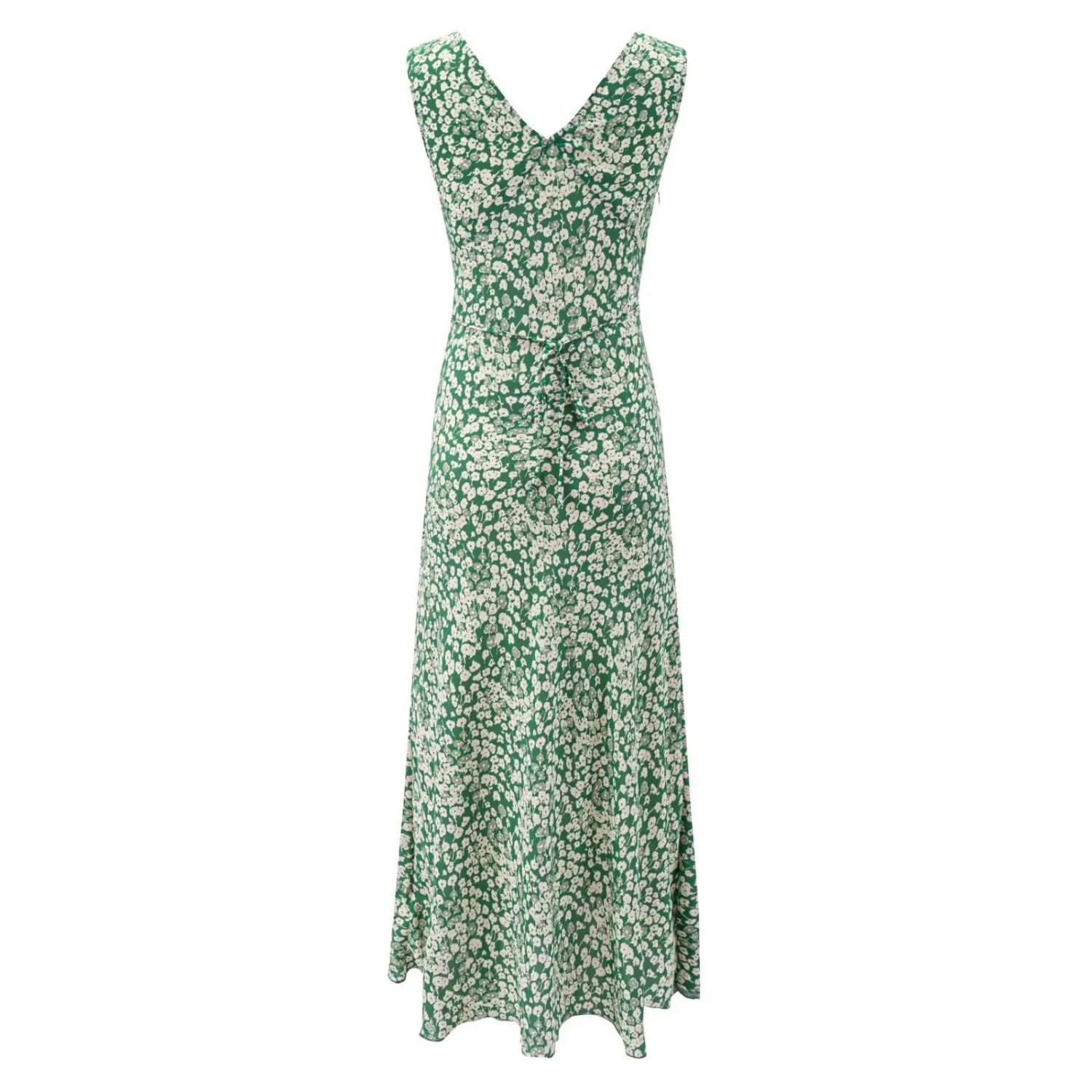 Full back shot of green floral sleeveless long dress, featuring waist self-tie detail and A-line long skirt