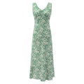  Full front view of green base white floral sleeveless V-neck maxi dress, showing slim waist and flowy hem silhouette