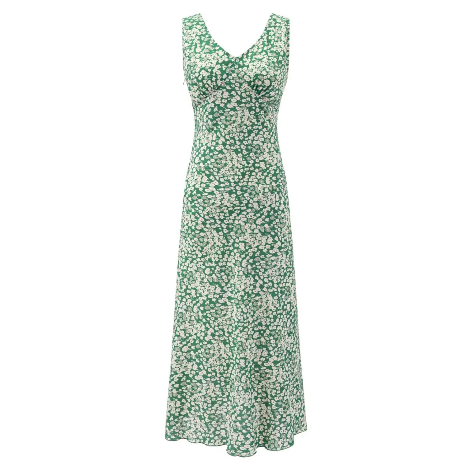  Full front view of green base white floral sleeveless V-neck maxi dress, showing slim waist and flowy hem silhouette