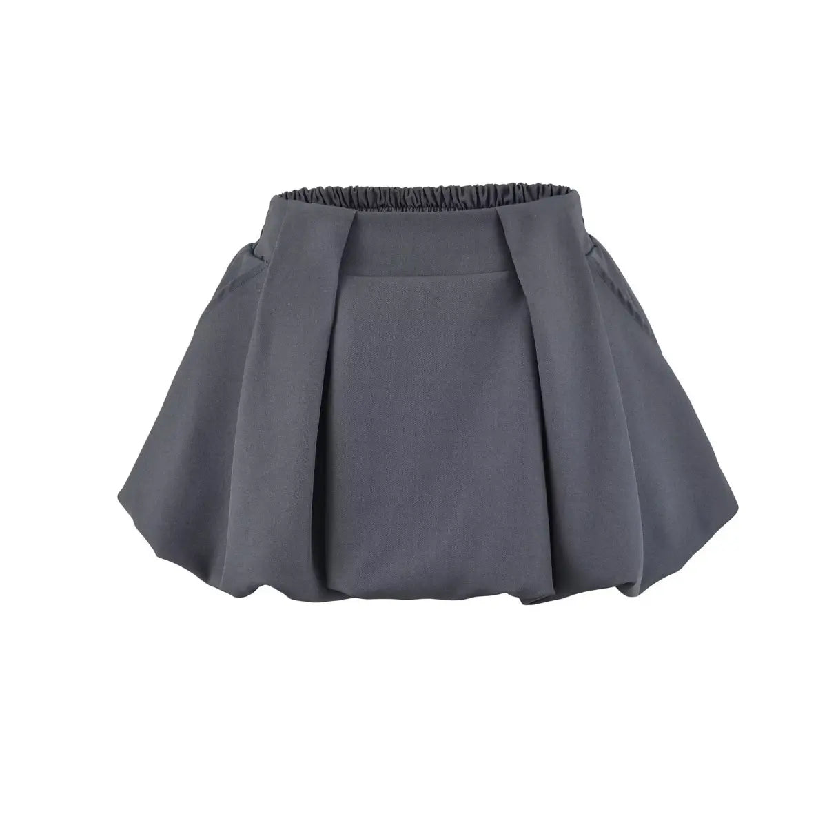 Grey bubble-style mini skirt, front view on white background