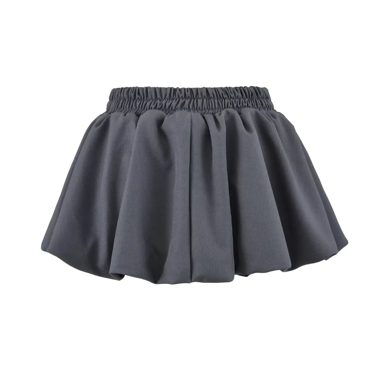 Grey bubble-style mini skirt, angle view on white background