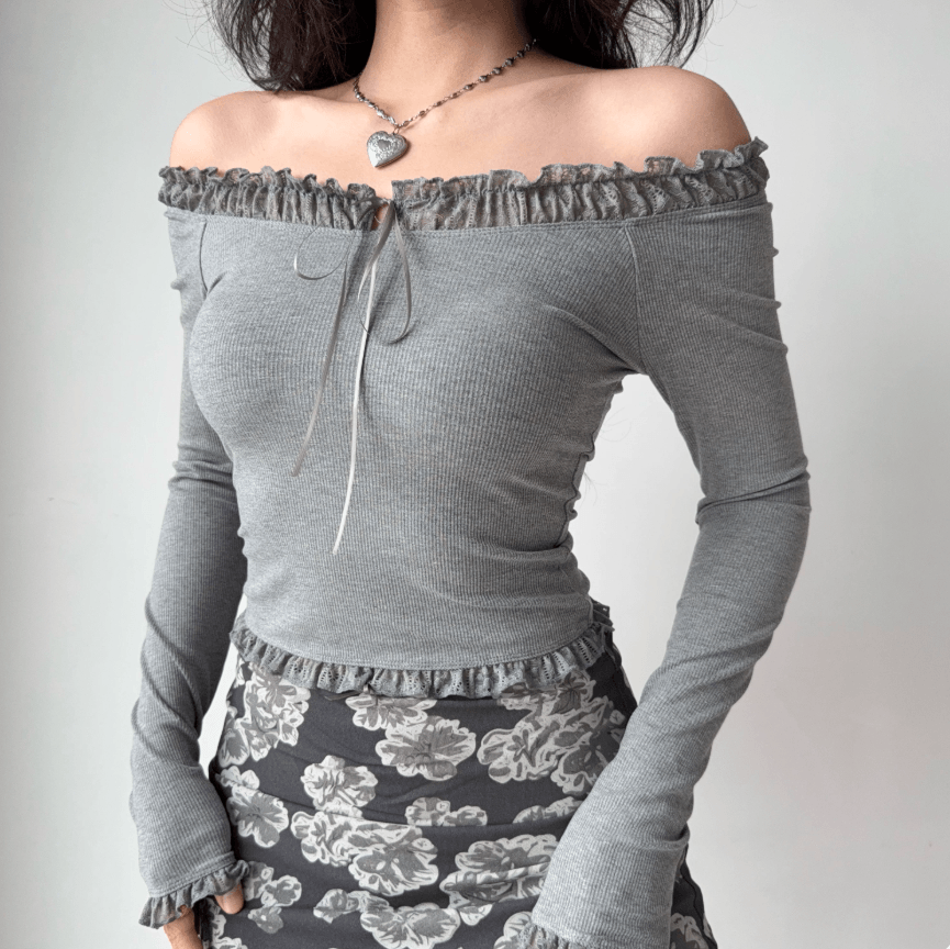 Women grey lace ruffle off shoulder tie front long sleeve ribbed crop top, slim fit elegant vintage fairy fitted blouse