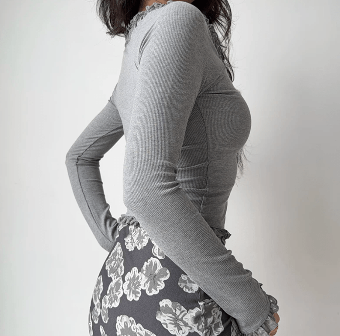 Side back view grey lace ruffle off shoulder long sleeve ribbed crop top, waist ruched slim elegant vintage fitted blouse