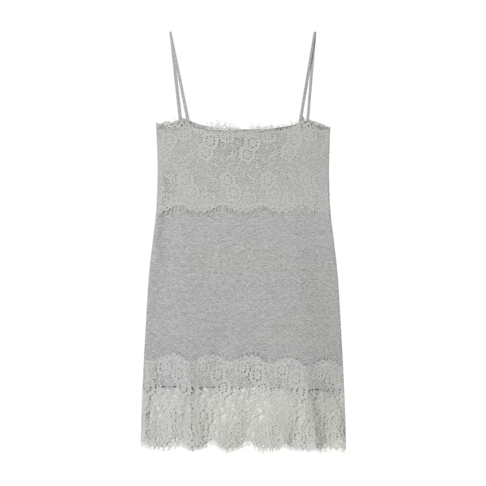 Back hanging view grey solid color lace trim spaghetti strap square neck bodycon mini dress, romantic casual sleep slip