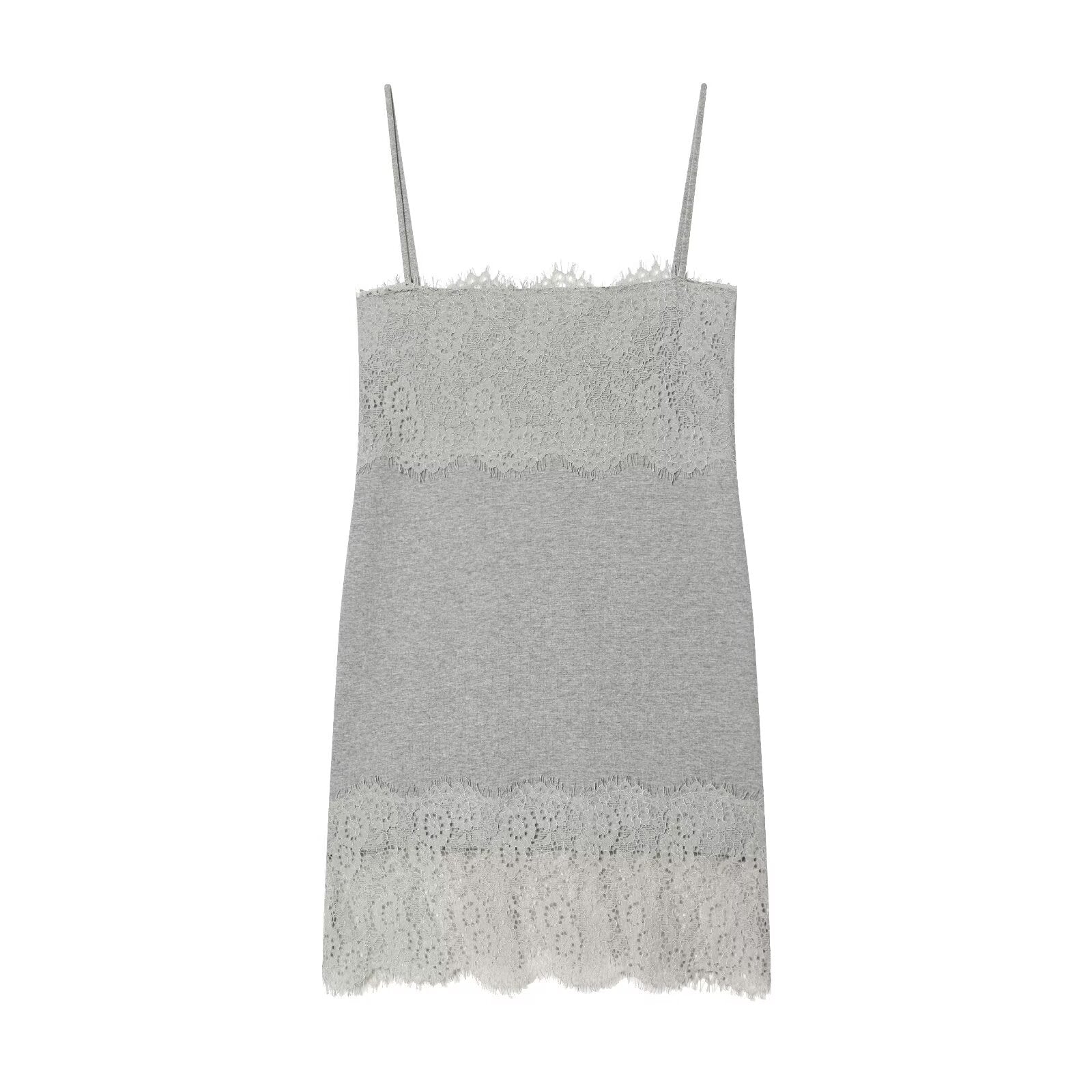 Women grey heather lace trim spaghetti strap square neck bodycon mini slip dress, elegant romantic sleepwear nightwear
