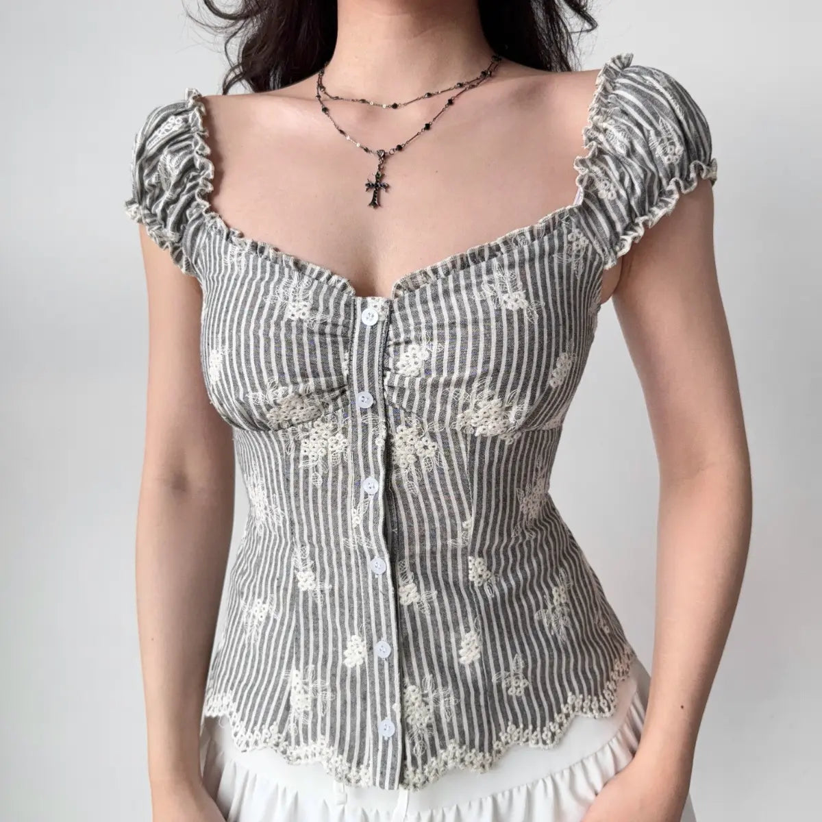 Grey striped embroidered bustier top with puff sleeves