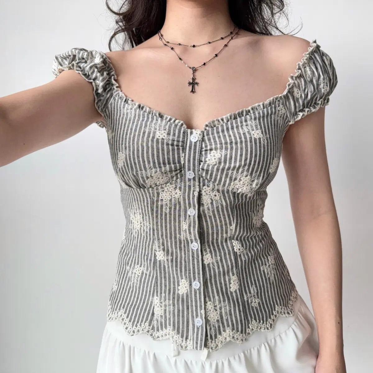 Grey striped embroidered top size chart in cm and inches
