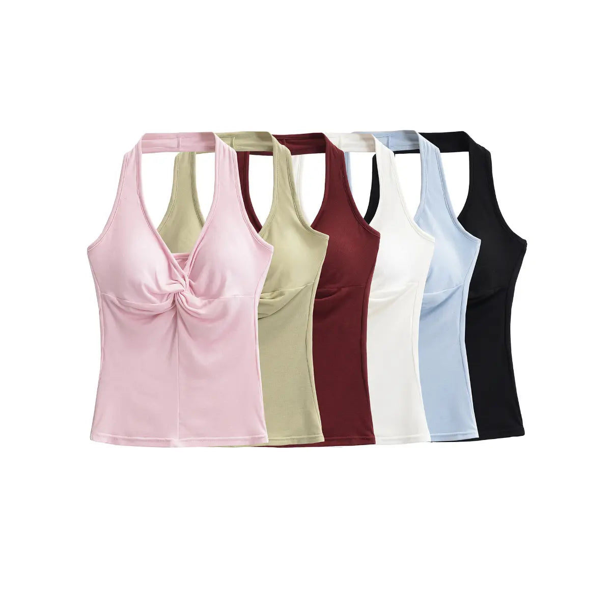 Set of six tank tops in various colors on a white background