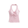 Pink satin tank top with a knot detail on a white background