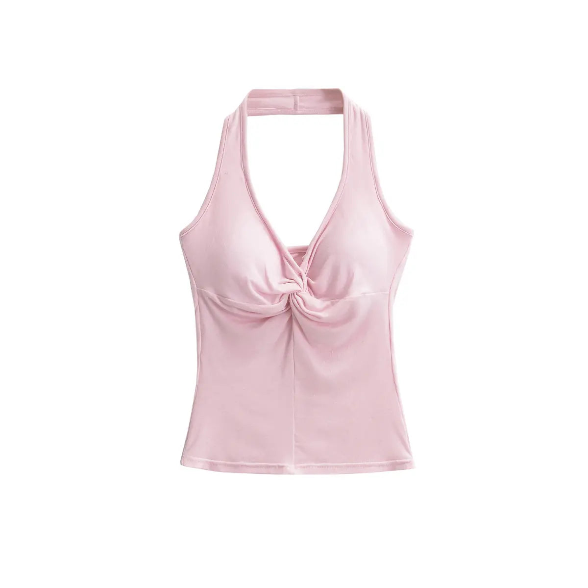 Pink satin tank top with a knot detail on a white background