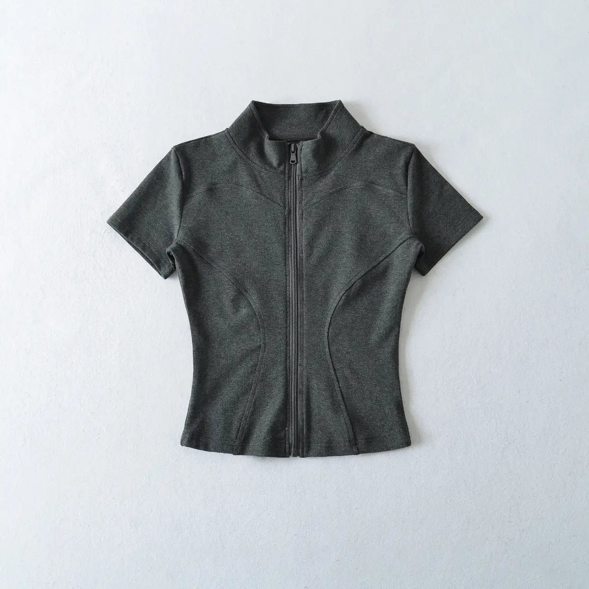 Front view of heather gray zip-up cropped t-shirt