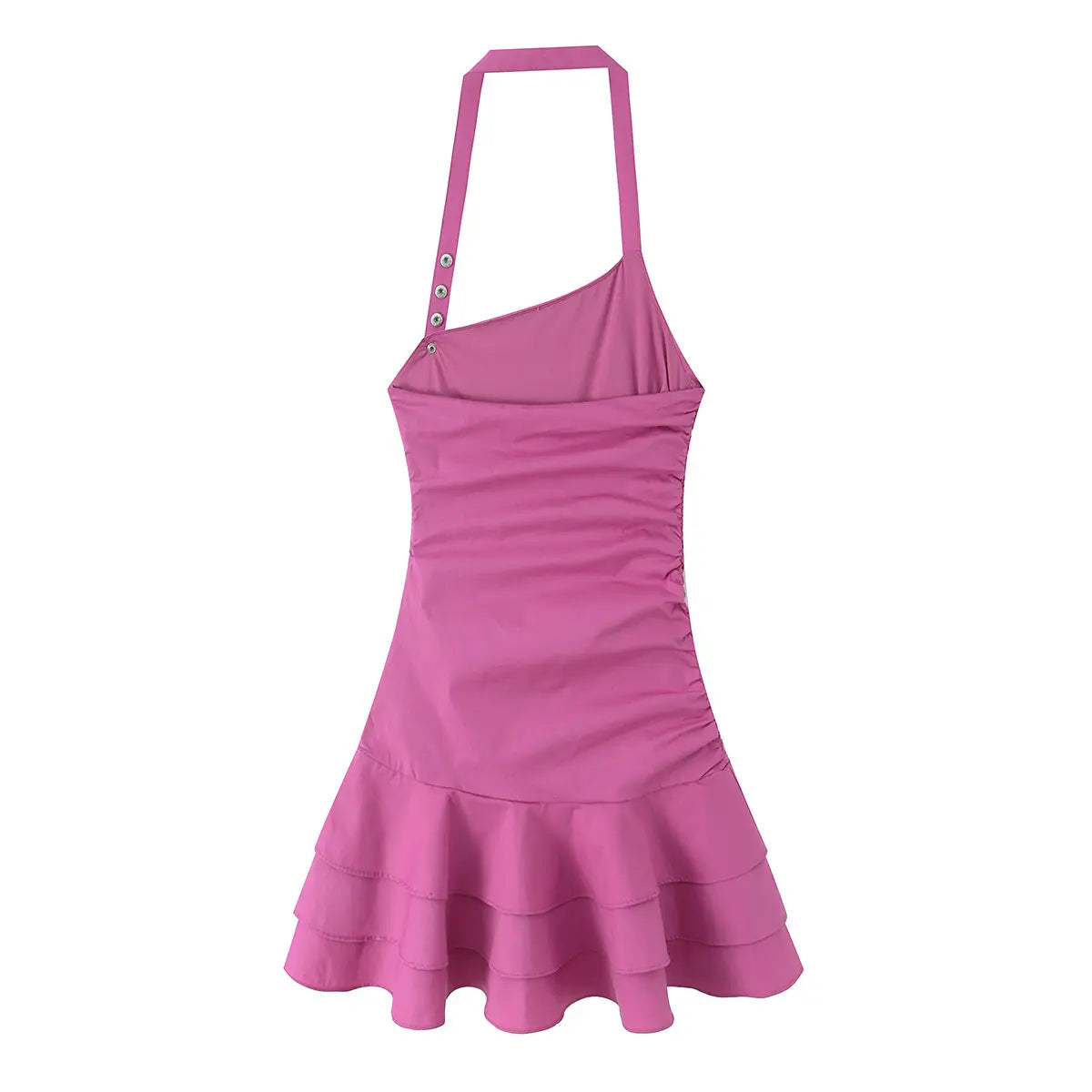 Back view of hot pink halter-neck dress with tiered ruffled hem and ruched side detail