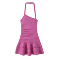 Front view of hot pink halter-neck mini dress with asymmetric design, button detail and tiered ruffled hem