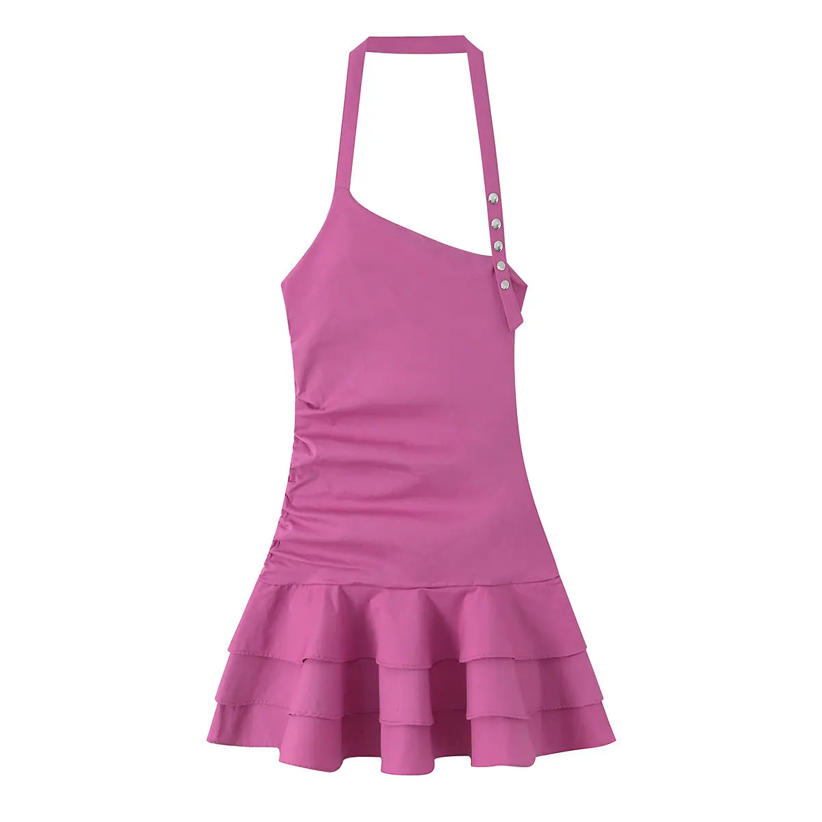 Front view of hot pink halter-neck mini dress with asymmetric design, button detail and tiered ruffled hem
