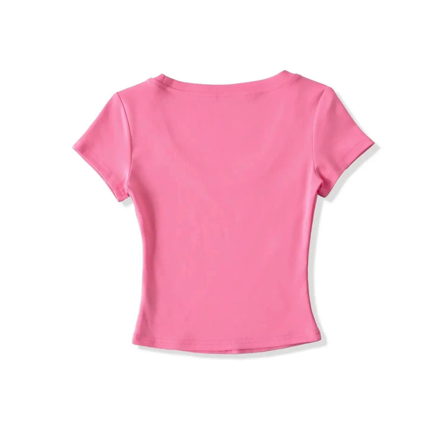 Full back flat lay product shot of hot pink deep U-neck cropped ribbed fitted short sleeve top