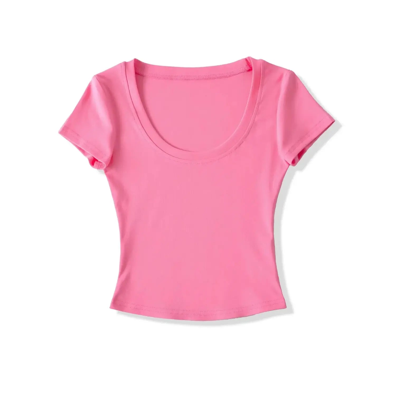 Flat product front shot of hot pink deep U-neck ribbed cropped fitted short sleeve tee