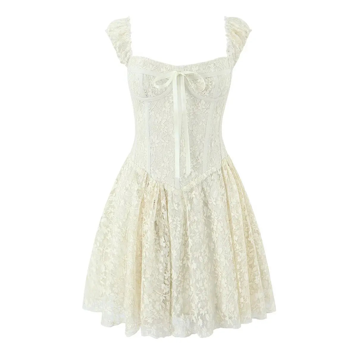 Ivory lace cami mini dress, full front view on white background