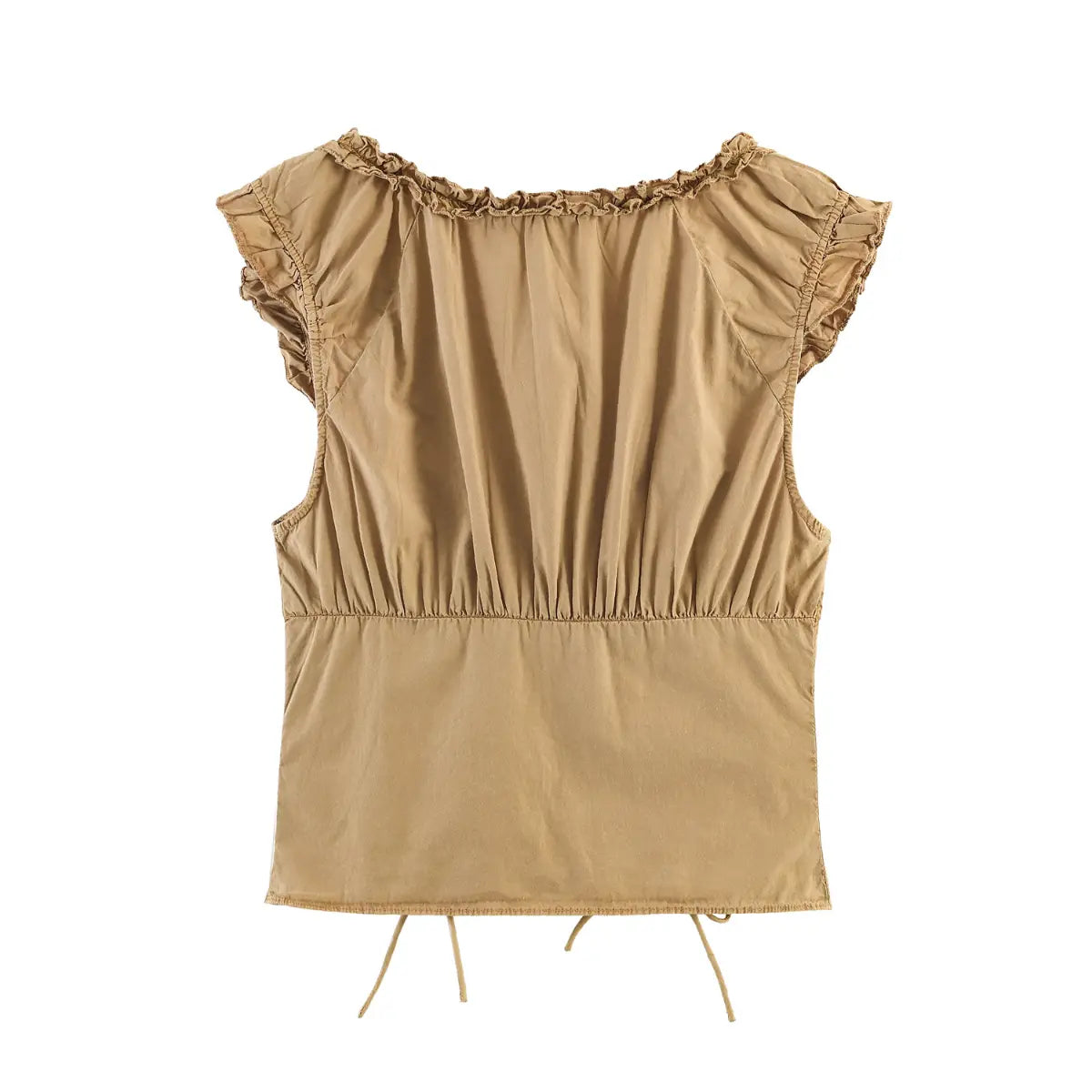 Back view of khaki ruffled sleeveless top with gathered back and cinched waist design