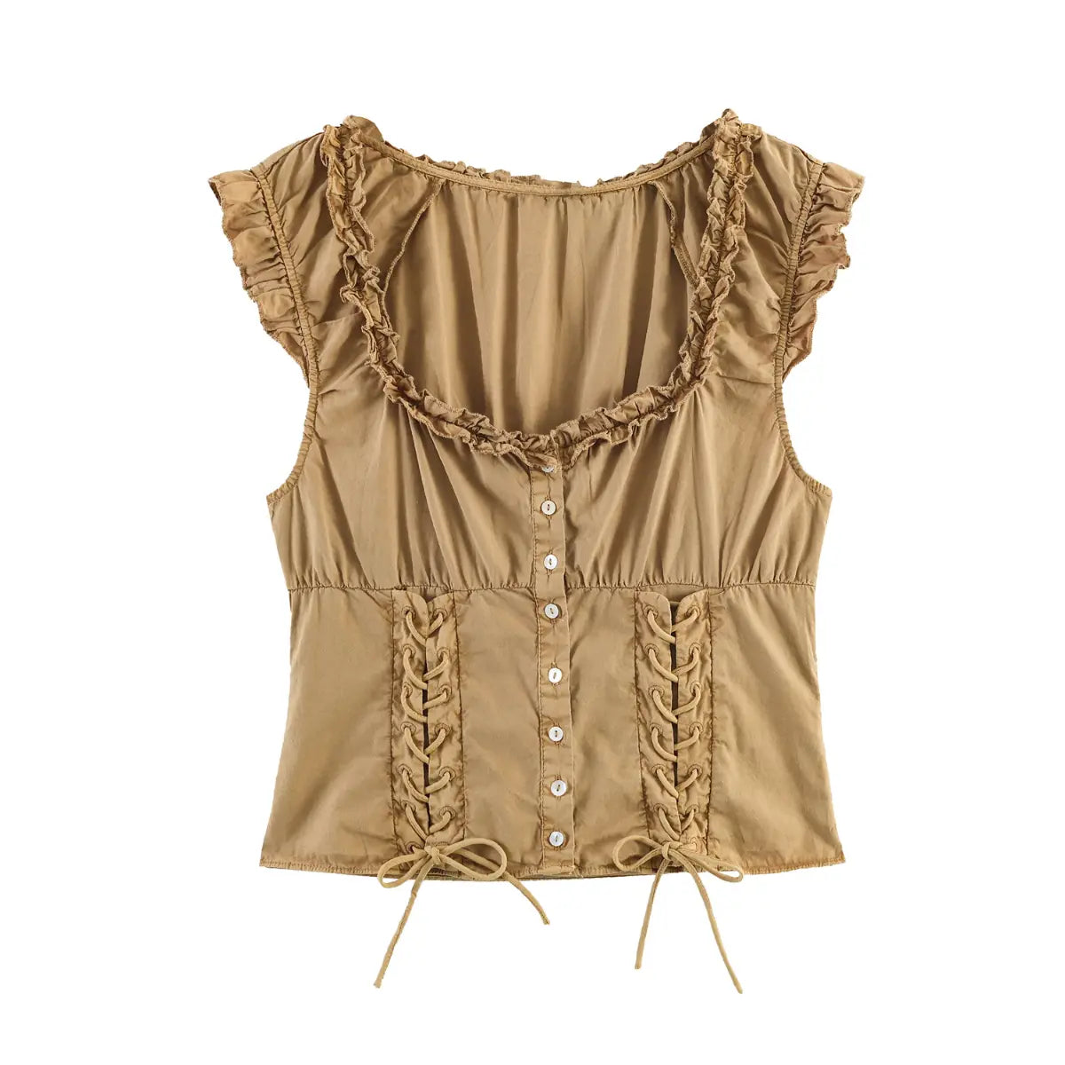 Front view of khaki sleeveless top with ruffled trim, button placket and lace-up corset details