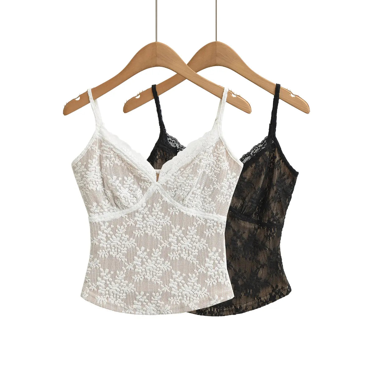 Multi-color view of lace cami top, available in white and black, featuring floral lace and underwire cups