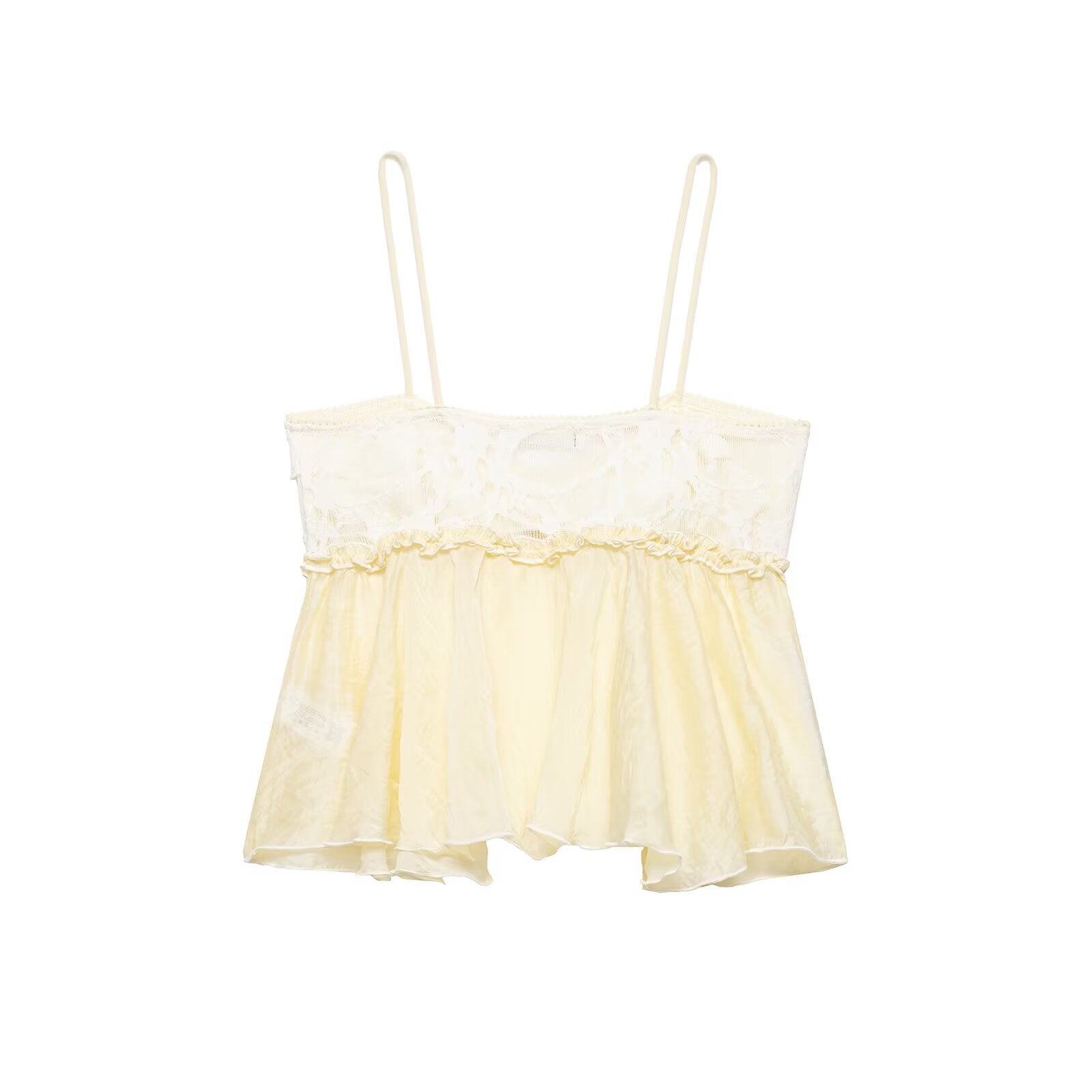 Hanger back view of cream lace cami tank with seamless construction and flowy layered hem