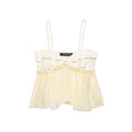 Hanger view of cream lace cami tank showing the ruffled lace bust, layered chiffon hem, and delicate spaghetti straps