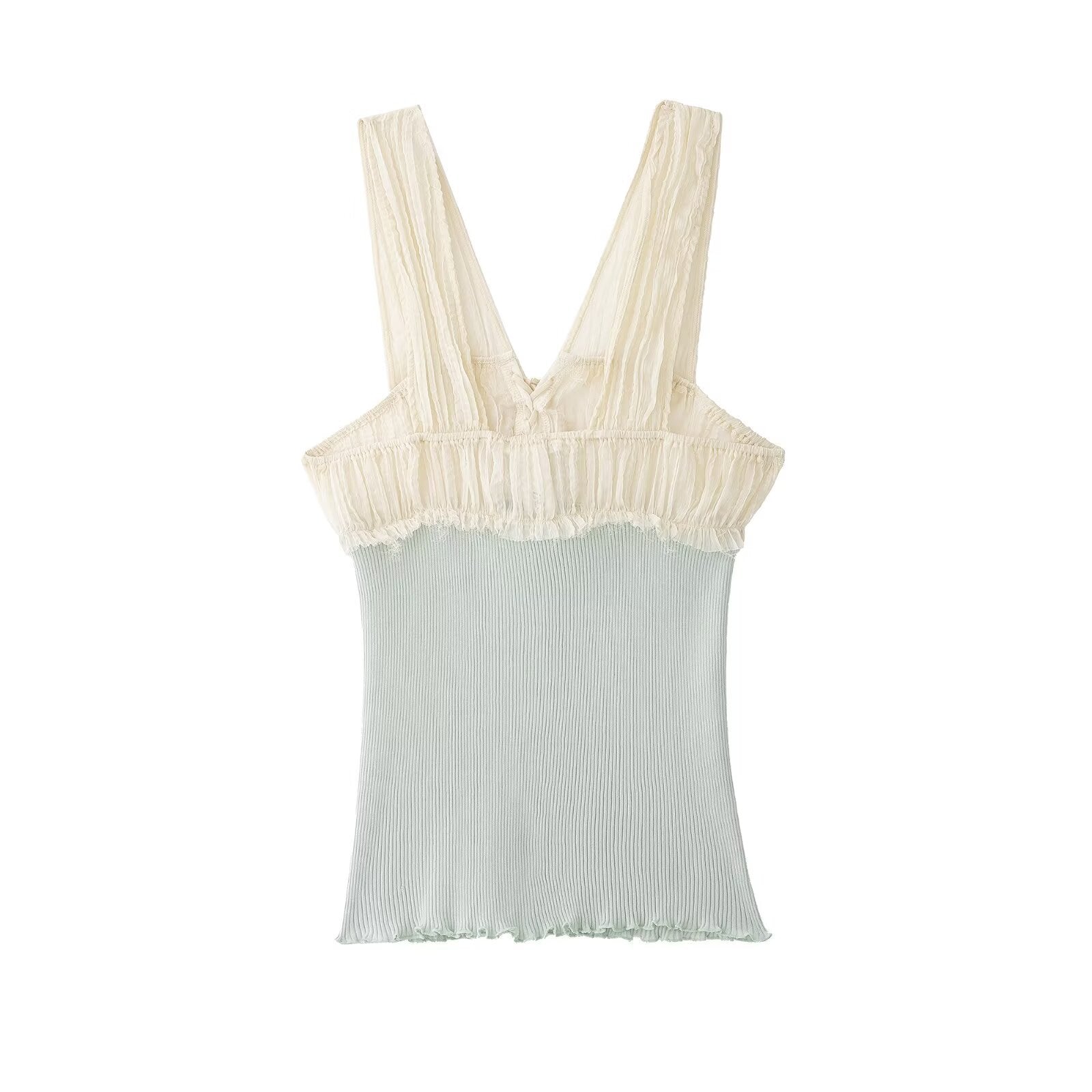 Hanger back view of cream and mint green lace-trimmed tank top with seamless fitted construction
