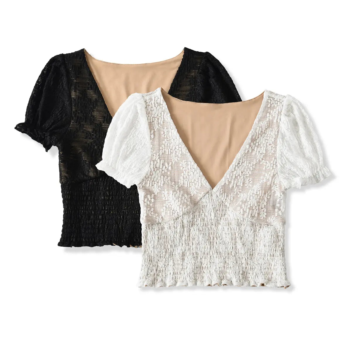 Multi-color view of lace V-neck puff sleeve top, available in white and black