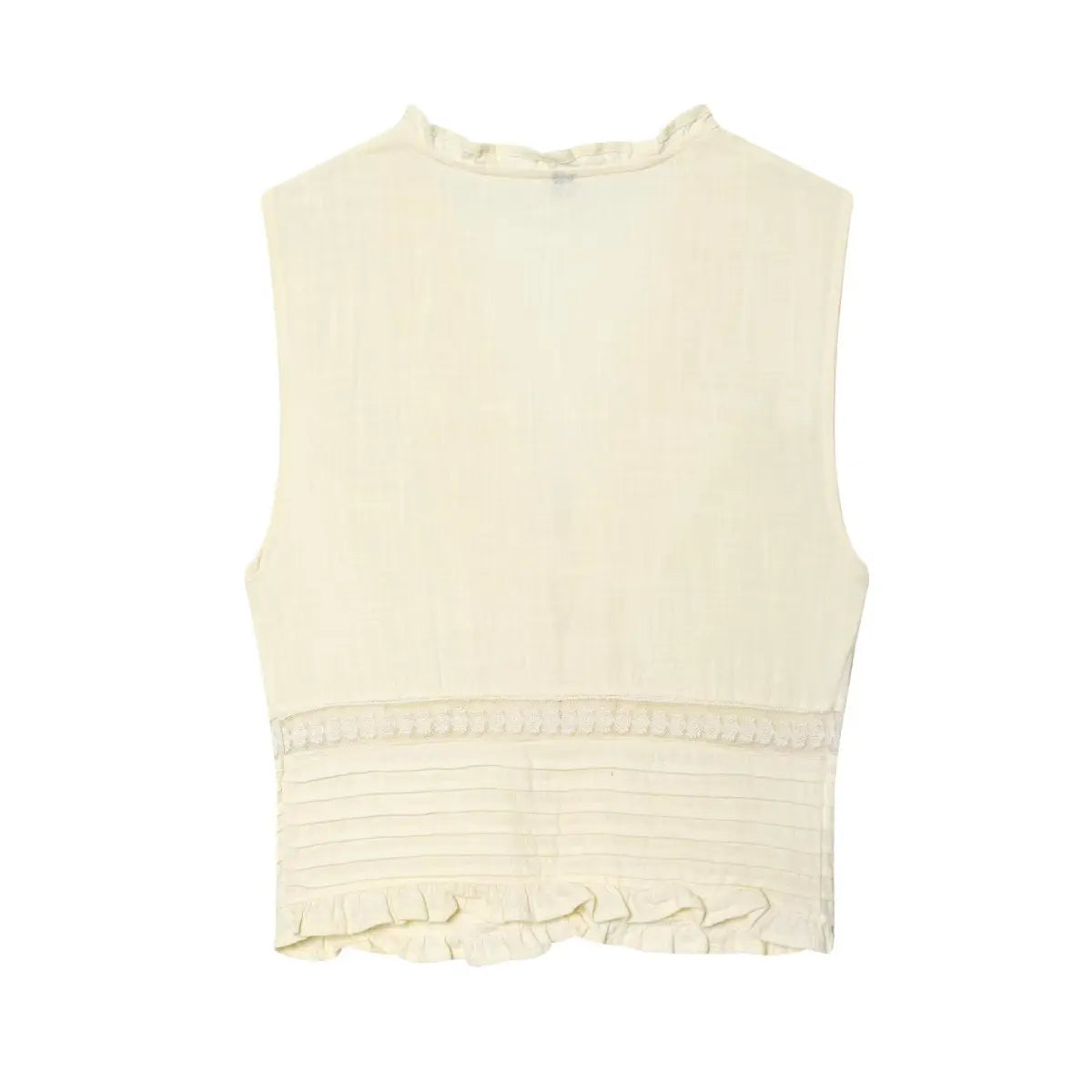 Hanger back view of cream lace vest with openwork detailing and cropped hem